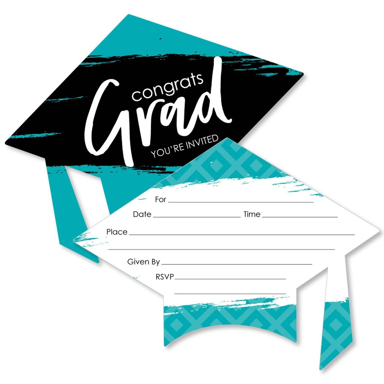 Big Dot of Happiness Teal Graduation Party Invitations - Shaped Fill-In Invite Cards with Envelopes - Set of 12